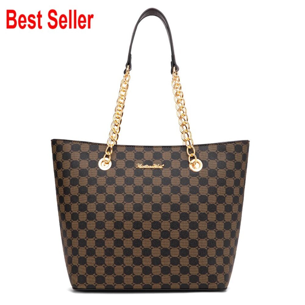 Faux Leather Top Handle Satchel Purse with Golden Metal Chain